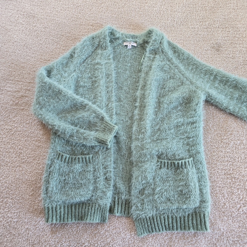 Freshman 1996 Sage Green Fuzzy Eyelash Knit Open Cardigan Sweater Size‎ S